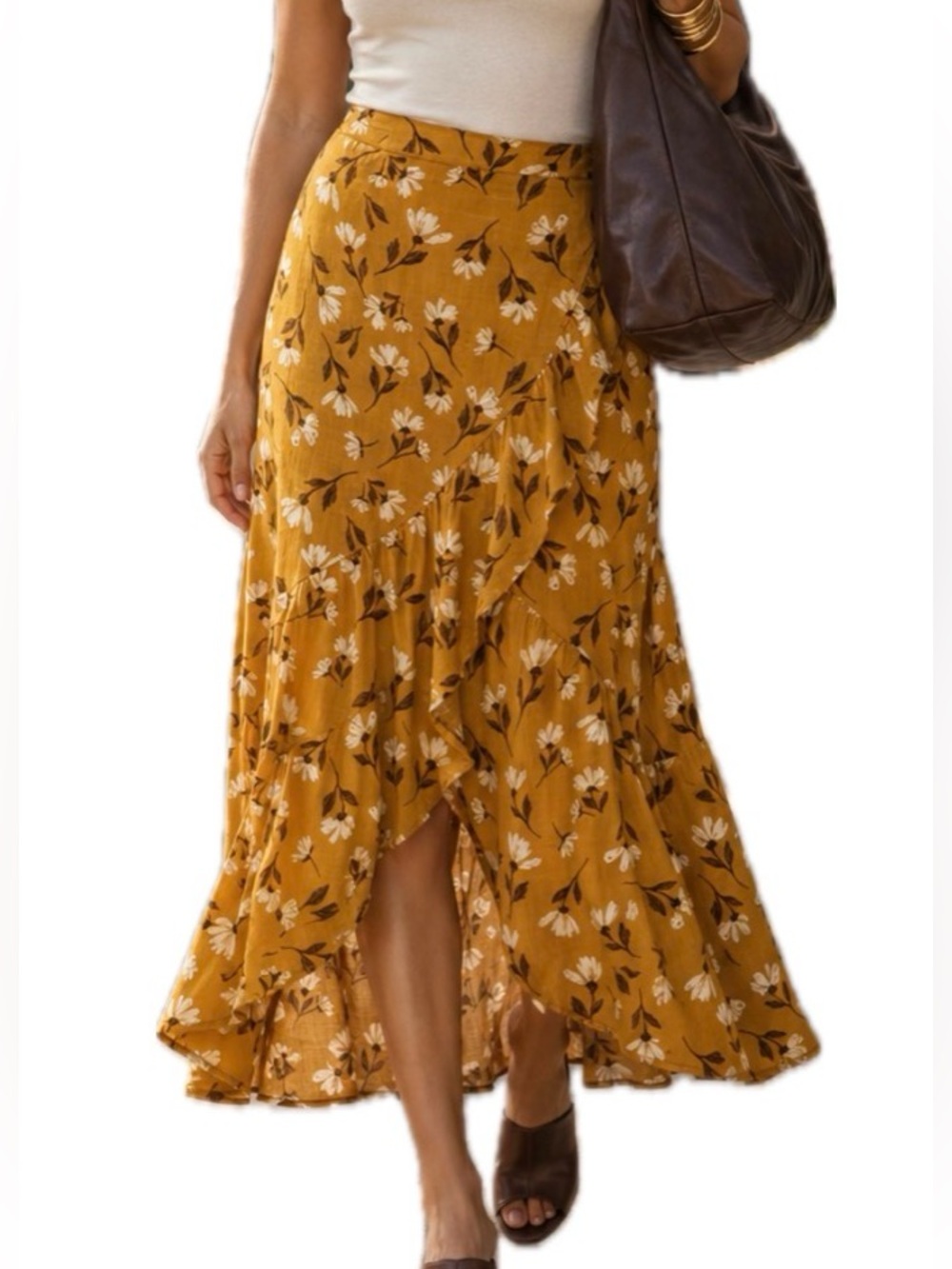 Sonoma Goods For Life Yellow/White Floral Wrap Long Skirt Ruffle Elastic XS